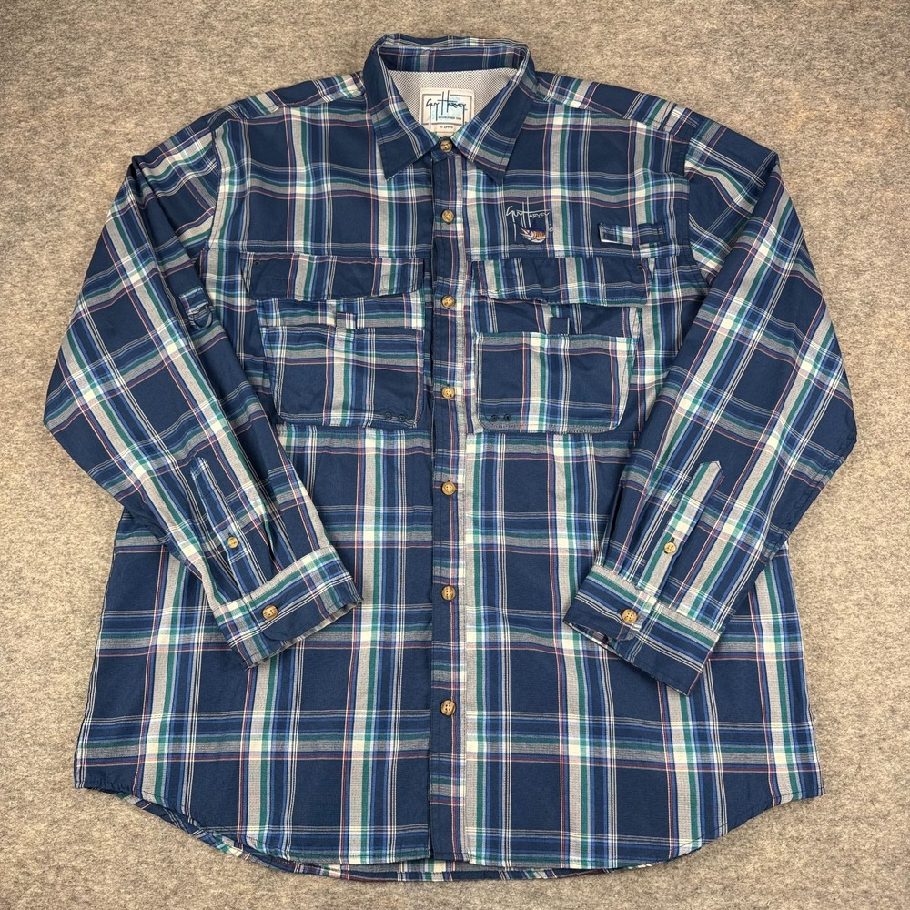 Guy Harvey Aftco Button Up Shirt Fishing Vented Plaid Nylon Blue Mens XL
